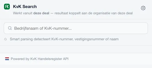 Het paneel in de zijbalk van een deal: zoek op naam of KvK-nummer en koppel het resultaat aan de organisatie van de deal.